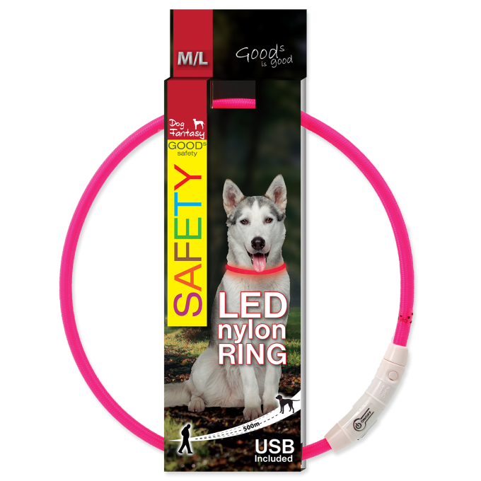 Obojek Dog Fantasy LED nylonový M-L, růžová