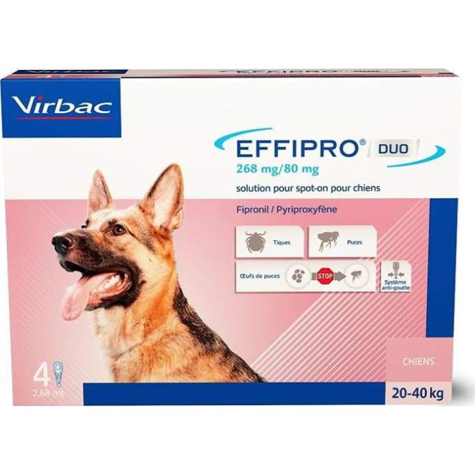 Effipro DUO Dog L 268/80 mg – antiparazitní spot-on pro psy 20–40 kg, 4× 2,68 ml