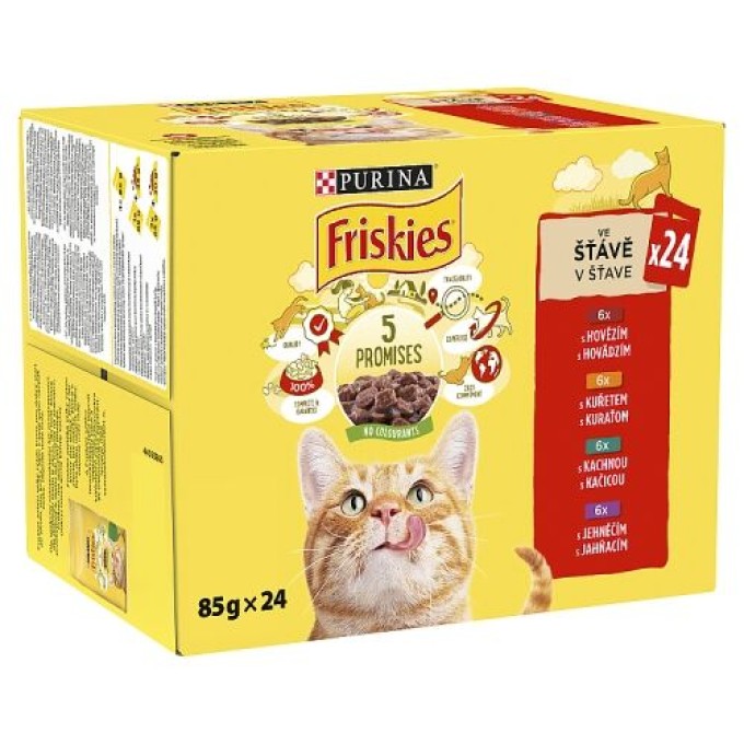 Friskies cat kapsa hovězí, kuřecí, kachní a jehněčí  ve šťávě 12 x 85 g
