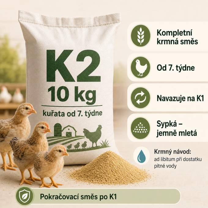 K2 10 kg – kompletní krmná směs pro kuřata od 7. týdne
