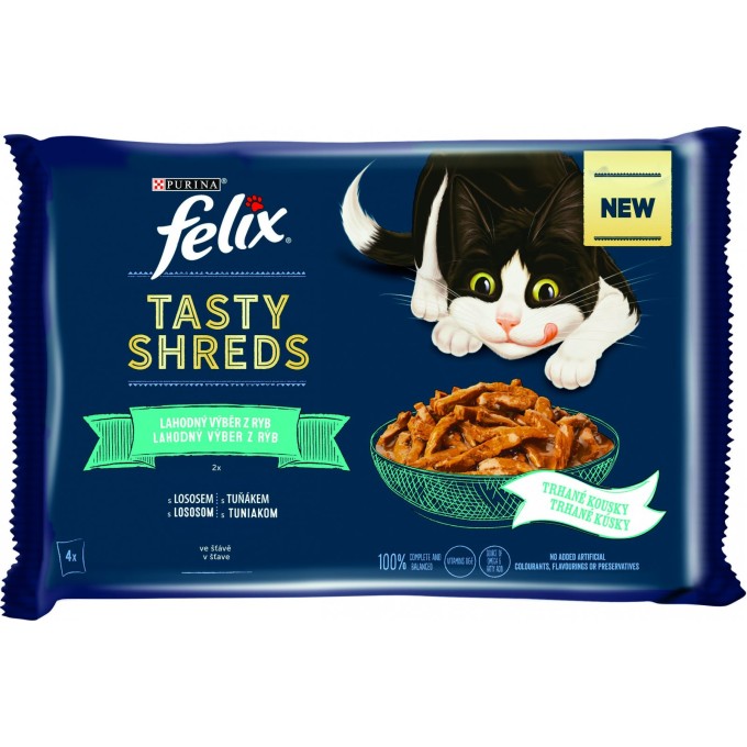 Felix Tasty Shreds s lososem a tuňákem ve šťávě 4x80g